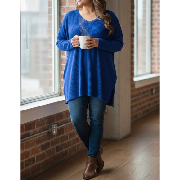 ZENANA Sweaters - Zenana Plus 1X Blue Waffle Knit Tunic 
Top V-Neck High Low Oversized Lagenlook